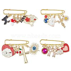 4Pcs 4 Styles Alloy Enamel & Lampwork & Glass Dog Heart Rabbit Charm Iron Kilt Pins, Golden, Mixed Color, 37~50mm, 1pc/style(JEWB-FH00046)