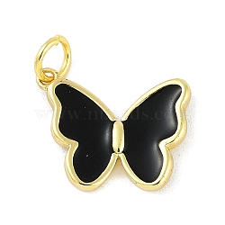 Brass Enamel Pendants, with Jump Ring, Real 18K Gold Plated, Butterfly Charm, Black, 16x12.5x2.5mm, Hole: 3mm(KK-B114-16G-02)