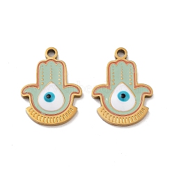 Ion Plating(IP) 316 Surgical Stainless Steel Pendants, Nickel Free, with Enamel, Real 18K Gold Plated, Hamsa Hand with Evil Eye Charm, Dark Sea Green, 17x13x2.5mm, Hole: 1.5mm(STAS-U014-56G-01)