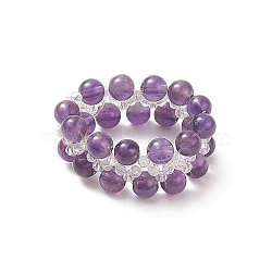 Natural Amethyst & Glass Braided Beaded Stretch Ring for Women, US Size 6 3/4(17.1mm)(RJEW-JR00546-02)