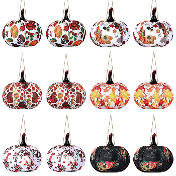 Gorgecraft 12Pcs 6 Colors Cloth Pendant Decorations, with Hemp Rope & Foam Filled, Autumn Theme, Pumpkin with Pattern, Mixed Color, 110mm, 2pcs/color