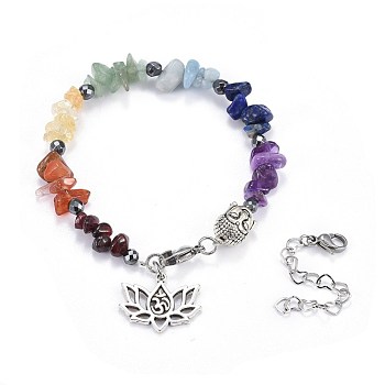Natural & Synthetic Mixed Stone Charm Bracelets, with 304 Stainless Steel Findings and Brass Findings, Lotus, 6-7/8 inch(17.4cm)