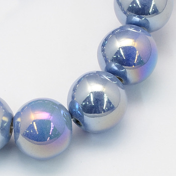 Handmade Porcelain Round Beads, AB Color Plated, Cornflower Blue, 9mm, Hole: 2mm