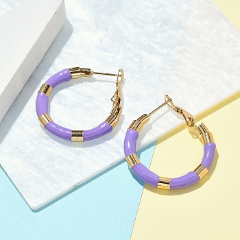 PVD Vacuum Plating 201 Stainless Steel Enamel Hoop Earrings for Women, with 304 Stainless Steel Pins, Real 18K Gold Plated, Purple, 30x4mm, Pin: 1mm