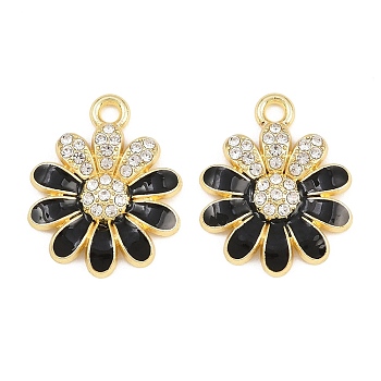 Alloy Black Enamel Pendants, with Crystal Rhinestone, Flower Charms, Rack Plating, Golden, 21.5x17.5x3mm, Hole: 2mm