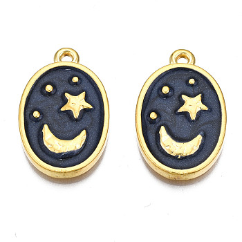 Alloy Pendants, with Enamel, Cadmium Free & Lead Free, Light Gold, Oval with Moon & Star, Prussian Blue, 25x16x3mm, Hole: 1.6mm