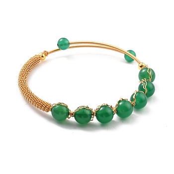 Natural Green Agate Beaded Cuff Bangle, Golden Brass Wire Wrapped Open Bangle for Women, Lead Free & Cadmium Free, Inner Diameter: 2-1/8 inch(5.5cm)