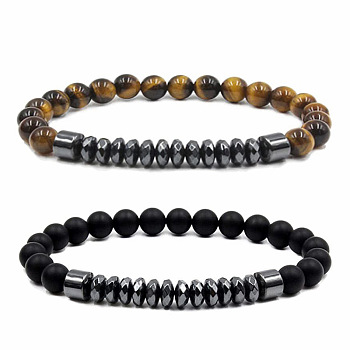 6mm Matte Black Tiger Eye Stone Bead Bracelet Set with Natural Stones and Magnetic Clasp, Mixed Color, 0.1cm