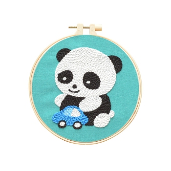 Animal Theme DIY Display Decoration Punch Embroidery Beginner Kit, Including Punch Pen, Needles & Yarn, Cotton Fabric, Threader, Plastic Embroidery Hoop, Instruction Sheet, Panda, 155x155mm