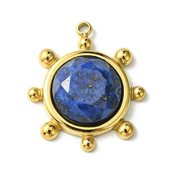 Ion Plating(IP) 304 Stainless Steel Pave Faceted Natural Lapis Lazuli Pendants, Granulated Flat Round Charms, Real 14K Gold Plated, 19.5x17x4.5~6mm, Hole: 1.5mm
