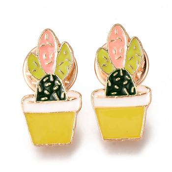 Alloy Enamel Brooches, Enamel Pin, with Brass Butterfly Clutches, Cactus, Light Gold, Cadmium Free & Nickel Free & Lead Free, Colorful, 24x12x2mm, Pin: 1mm