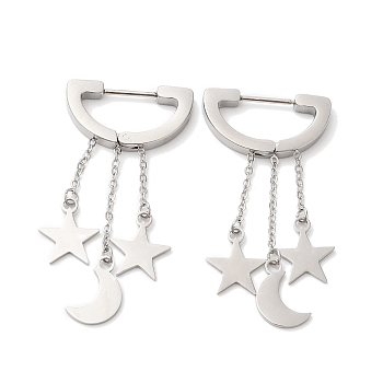 304 Stainless Steel Star & Moon Dangle Hoop Earrings, Stainless Steel Color, 45mm, Pin: 1mm