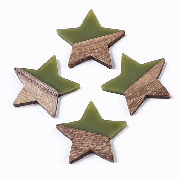 Resin & Wood Pendants, Star, Olive Drab, 26x28x4mm, Hole: 1.6mm