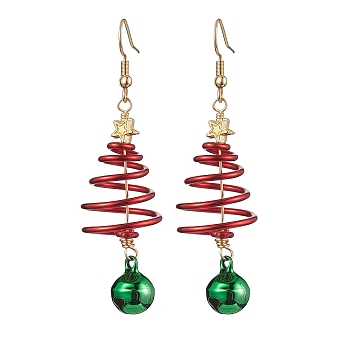 Aluminum Wire Wrapped Christmas Tree Dangle Earrings, Brass Bell Earrings for Women, FireBrick, 66x17~19mm