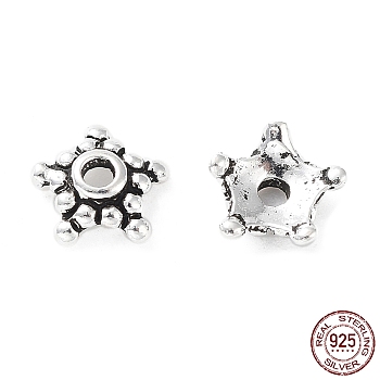 925 Sterling Silver Bead Caps, Flower, Antique Silver, 6.5x2.5mm, Hole: 1.3mm