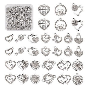 32PCS 16 Style Alloy Rhinestone Pendants, Heart Charms, for Valentine's Day, Crystal, 14~22.5x14~23x2.4~4mm, Hole: 1.8~2.7mm, 2Pcs/style