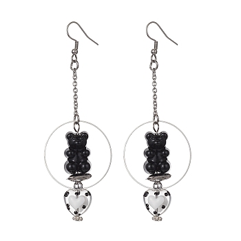 Acrylic Bear & Lampwork Heart Dangle Earrings, 304 Stainless Steel Long Drop Earrings, Black, 90x30.5mm