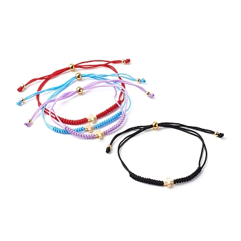 Cross Brass Beads Adjustable Nylon Thread Cord Bracelets, Mixed Color, Inner Diameter: 3/4 inch(1.8~9.1cm)