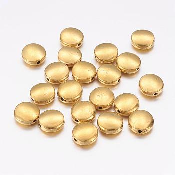 Tibetan Style Alloy Beads, Cadmium Free & Nickel Free & Lead Free, Antique Golden Color, Flat Round, about 9mm in diameter, 4mm thick, hole: 1mm