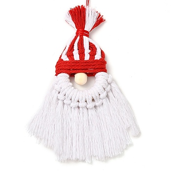 Christmas Handmade Woven Macrame Cotton Thread Santa Claus Pendant Decorations, with Wood Beads, for Home Decorations, White, 260mm