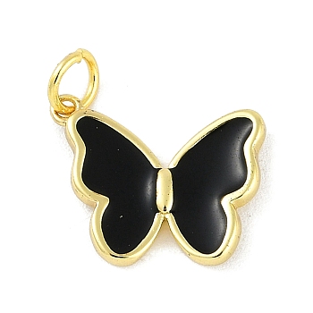 Brass Enamel Pendants, with Jump Ring, Real 18K Gold Plated, Butterfly Charm, Black, 16x12.5x2.5mm, Hole: 3mm