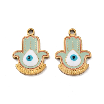 Ion Plating(IP) 316 Surgical Stainless Steel Pendants, Nickel Free, with Enamel, Real 18K Gold Plated, Hamsa Hand with Evil Eye Charm, Dark Sea Green, 17x13x2.5mm, Hole: 1.5mm