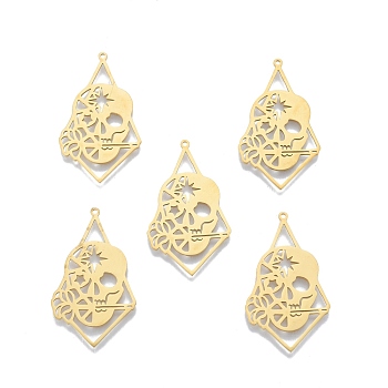 201 Stainless Steel Pendants, Skull, Real 18K Gold Plated, 38.5x22.5x1mm, Hole: 1.2mm