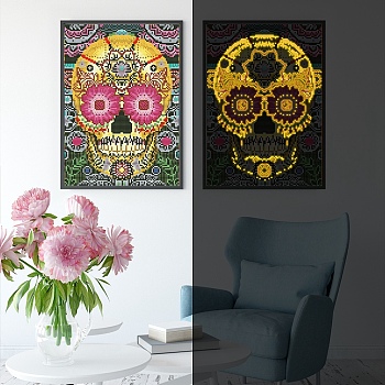 DIY Luminous Diamond Painting Kits, including Cloth, Resin Rhinestones, Diamond Sticky Pen, Tray Plate and Glue Clay, Skull, Cloth: 400x300mm