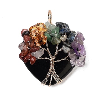 Natural Obsidian Heart Pendants, Chakra Tree of Life Gems Chip Copper Wire Wrapped Charms, Golden, 39x35x13mm, Hole: 5x4mm