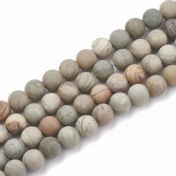 Natural Silver Leaf Jasper Beads Strands, Frosted, Round, 10mm, Hole: 1.2mm, about 37~40pcs/strand, 14.9~15.1 inch(38~38.5cm)