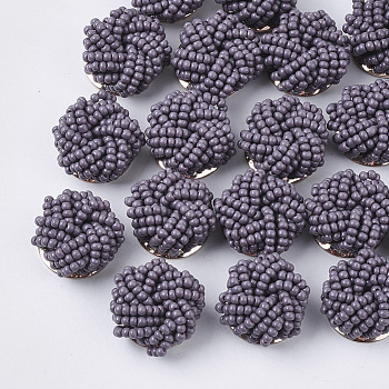 Glass Seed Beads Cabochons, Cluster Beads, with Golden Plated Iron Perforated Disc Settings, Flower, DarkSlate Blue, 19~20x10~12mm