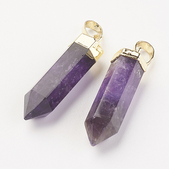 Natural Amethyst Pointed Pendants, with Brass Findings, Bullet, Golden, 28~29x6~7mm, Hole: 4x6mm