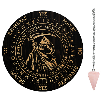 AHADERMAKER 1Pc Wood Pendulum Board, 1Pc 304 Stainless Steel Cable Chain Necklaces, 1Pc Natural Rose Quartz Stone Pendants, for Witchcraft Wiccan Altar Supplies, God Pattern, Board: 200x4mm