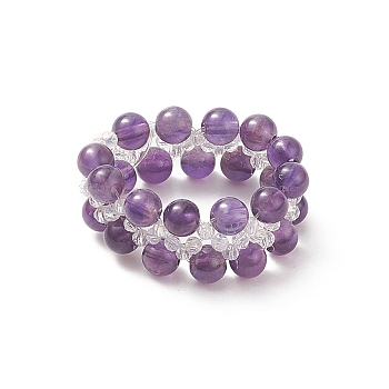 Natural Amethyst & Glass Braided Beaded Stretch Ring for Women, US Size 6 3/4(17.1mm)