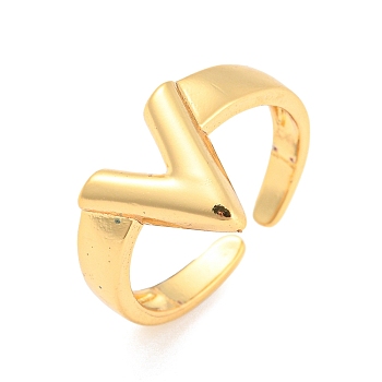 Hollow V-Shaped Brass Open Cuff Rings, Lead Free & Cadmium Free, Real 18K Gold Plated, US Size 6 3/4(17.1mm)