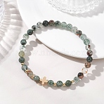 Natural Lodolite Quartz Beads Stretch Bracelets, Brass Jewelry for Women, Round & Cross, Real 18K Gold Plated, Beads: 6mm, Inner Diameter: 2.32 inch(5.9cm)(BJEW-JB13213)