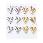 PVD Vacuum Plating 304 Stainless Steel Stud Earring, Long-Lasting Plated, Heart, Golden & Stainless Steel Color, 14x12mm, 12pcs/set(EJEW-C099-04GP)