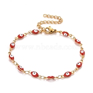 Enamel Horse Eye Link Chains Bracelet, Vacuum Plating 304 Stainless Steel Jewelry for Women, Golden, Red, 6-3/4 inch(17.1cm)(BJEW-P271-05G-02)