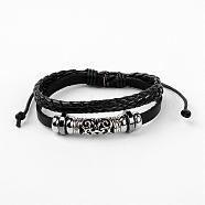 Adjustable Multi-strand Leather Cord Bracelets, with Alloy Findings & Hollow Tube Beads, Platinum, Black, 60mm(2-3/8 inch)(BJEW-D423-07A)