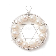 Natural Cultured Freshwater Pearl Round Beaded Ring Pendants, Copper Wire Wrapped Star of David Charms, Platinum, 37x29.5x6.5mm, Hole: 4mm(PALLOY-JF02617-02)