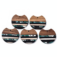 Resin & Walnut Wood Pendants, Gap Flat Round, Light Sea Green, 34x37x3mm, Hole: 1.8mm(RESI-N025-014A-D02)