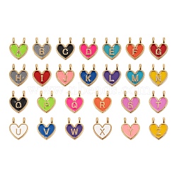 52Pcs 26 Style Alloy Enamel Charms, Cadmium Free & Lead Free, Heart with Initial Letters, Light Gold, Mixed Color, 14.5x11.5x4.5mm, Hole: 2mm, 2pcs/style(ENAM-LS0001-37)