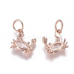 Brass Charms, with Micro Pave Cubic Zirconia and Jump Rings, Crab, Clear, Rose Gold, 9x9x2mm, Hole: 3.5mm(ZIRC-L070-94RG)