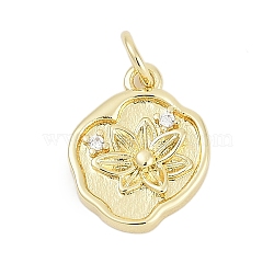 Brass Micro Pave Clear Cubic Zirconia Pendants, Oval with Flower Pattern Charms, Cadmium Free & Lead Free, Long-Lasting Plated, Rack Plating, with Jump Ring, Real 18K Gold Plated, 14.5x11.5x3mm, Hole: 3mm(KK-G522-07G)