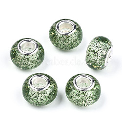 Epoxy Resin European Beads, Large Hole Beads, with Glitter Powder and Platinum Tone Brass Double Cores, Rondelle, Medium Sea Green, 14x9mm, Hole: 5mm(RPDL-N015-02D)
