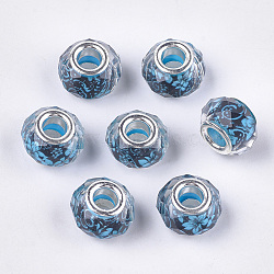 Resin European Beads, Large Hole Beads, with Silver Color Plated Brass Cores, Faceted, Rondelle, Flower Pattern, Light Sky Blue, 13.5~14x9~9.5mm, Hole: 4.5mm(RPDL-S013-12B)