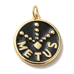 Brass Enamel Pendants, with Jump Ring, Real 18K Gold Plated, Cadmium Free & Lead Free, Flat Round with Word Metus Charm, Black, 20.5x18x2.5mm, Hole: 3mm(KK-U027-17G-04)