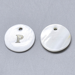 Natural White Shell Mother of Pearl Shell Charms, with Iron Sticker, Flat Round with Letter, Letter.P, 13x2mm, Hole: 1.5mm(SSHEL-N036-053P)
