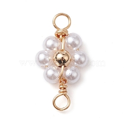 Imitated Pearl Acrylic Beaded Copper Wire Wrapped Connector Charms, Flower Links, Light Gold, 21x11.5x4.5mm, Hole: 2.5mm(PALLOY-JF02593)