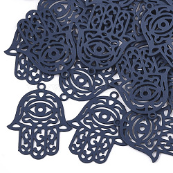 430 Stainless Steel Filigree Pendants, Spray Painted, Etched Metal Embellishments, Hamsa Hand/Hand of Fatima/Hand of Miriam with Eye, Marine Blue, 23x18x0.3mm, Hole: 1.4mm(STAS-T042-15A)